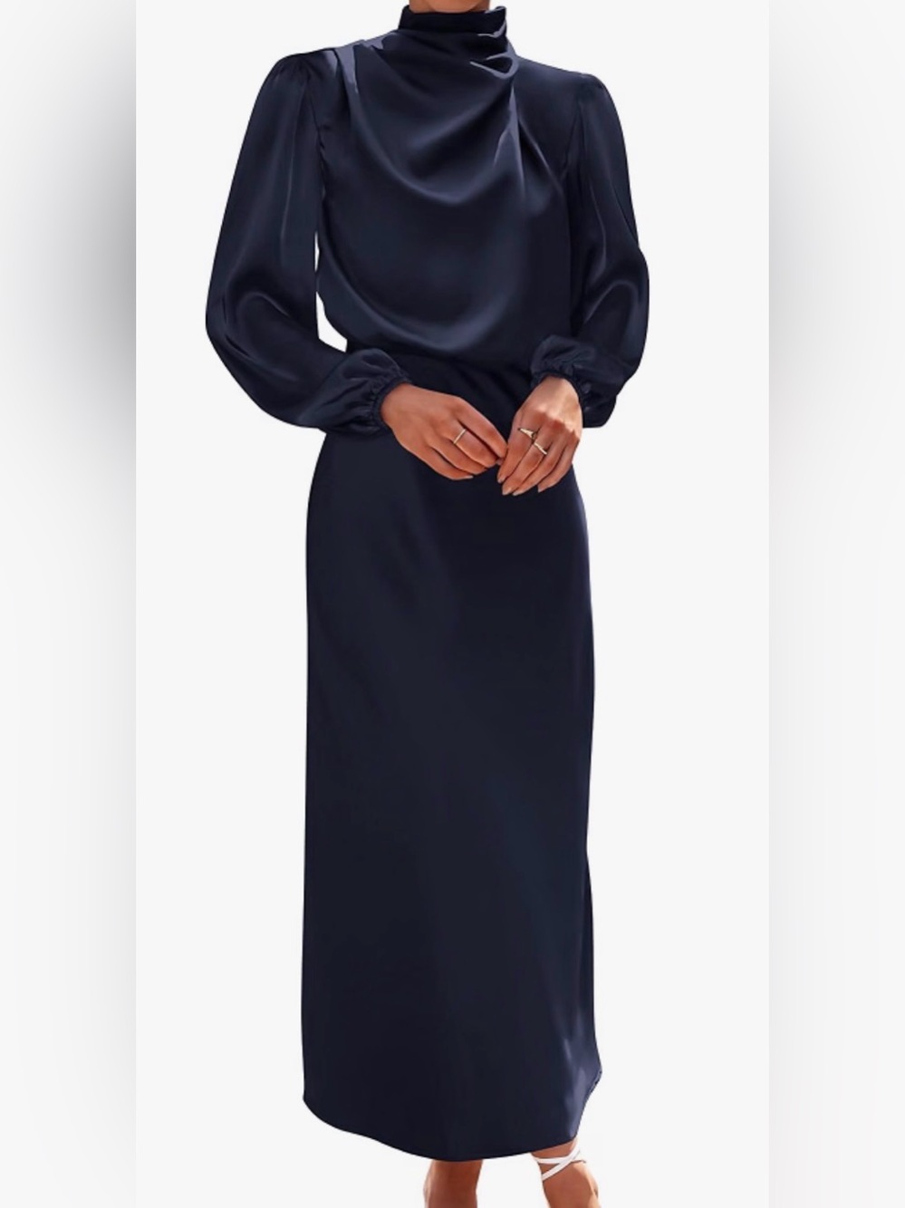 Classic Navy Long Sleeve Satin Maxi Dress